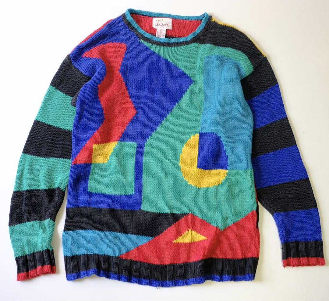 【1990s】ビンテージ　総柄　アートデザイン　カラフルニットセーター　古着屋