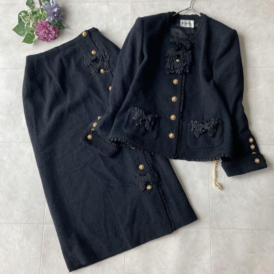 INGEBORG アンゴラ混 金ボタンツイードセットアップ 黒 S/M フリル