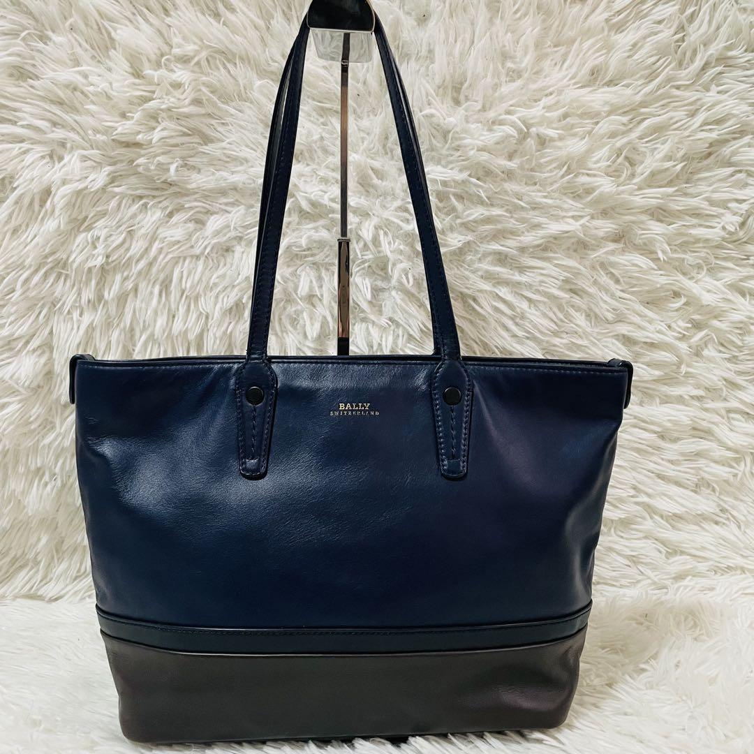 【美品】BALLY バリー　トートバッグ　ネイビー　レザー　バイカラー　A4可
