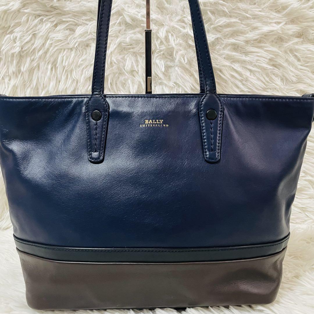 【美品】BALLY バリー　トートバッグ　ネイビー　レザー　バイカラー　A4可