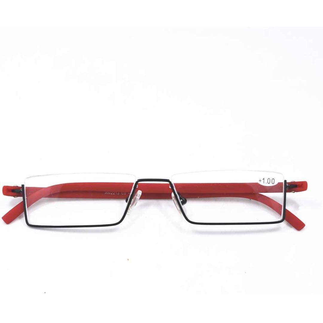 ☆老眼鏡 ハーフリム 携帯用 ケース付き レッド +1.0 眼鏡 めがね 赤