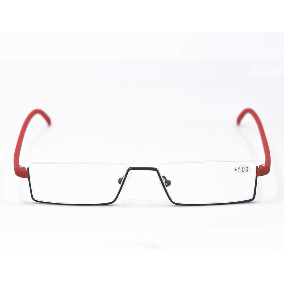 ☆老眼鏡 ハーフリム 携帯用 ケース付き レッド +1.0 眼鏡 めがね 赤