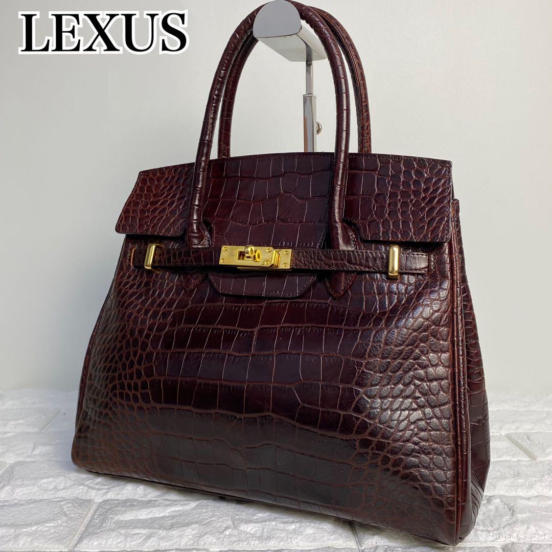 LEXUS レクサス　トートバッグ　クロコ型押し　レザー　ブラウン　ゴールド金具