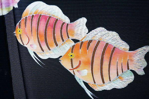 珍柄！夏着物 絽 訪問着 黒 熱帯魚 エンゼルフィッシュ 刺繍  正絹
