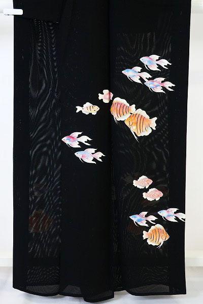 珍柄！夏着物 絽 訪問着 黒 熱帯魚 エンゼルフィッシュ 刺繍  正絹