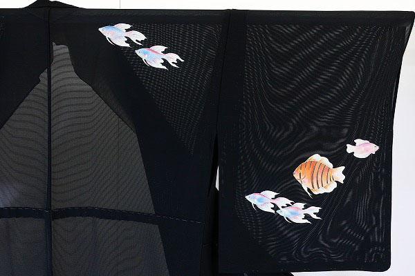 珍柄！夏着物 絽 訪問着 黒 熱帯魚 エンゼルフィッシュ 刺繍  正絹