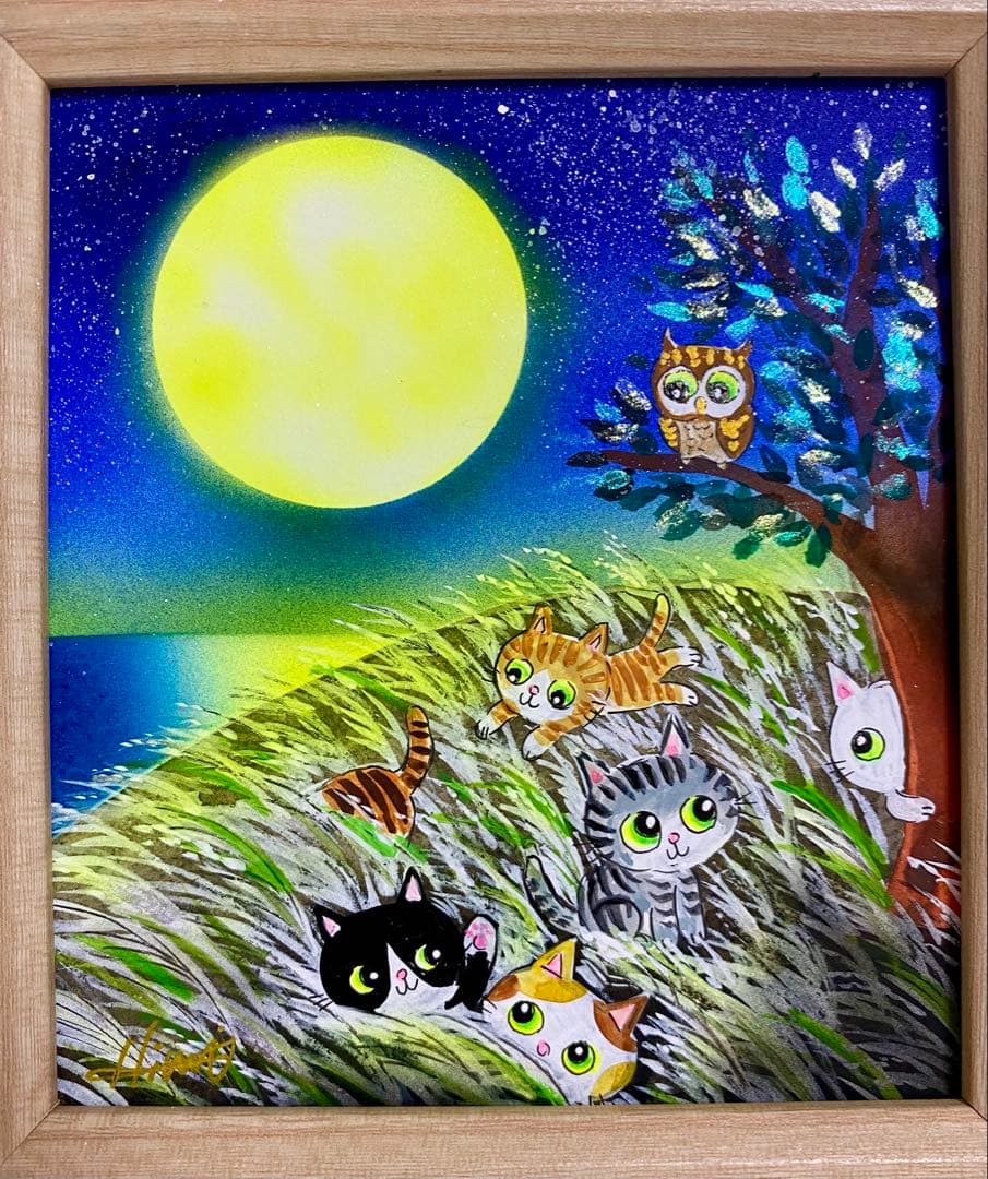 RUKURUKU 様専用　ネコちゃんのお月見かくれんぼ　　　絵画原画