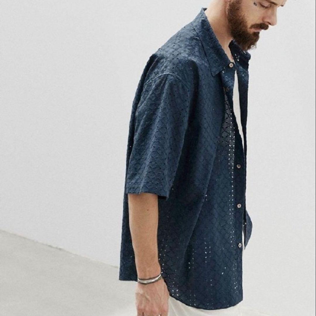 LIDNM EMBROIDERY SHEER SHIRT Sサイズ 青 LIDNM EMBROIDERY SHEER SHIRT Sサイズ 青