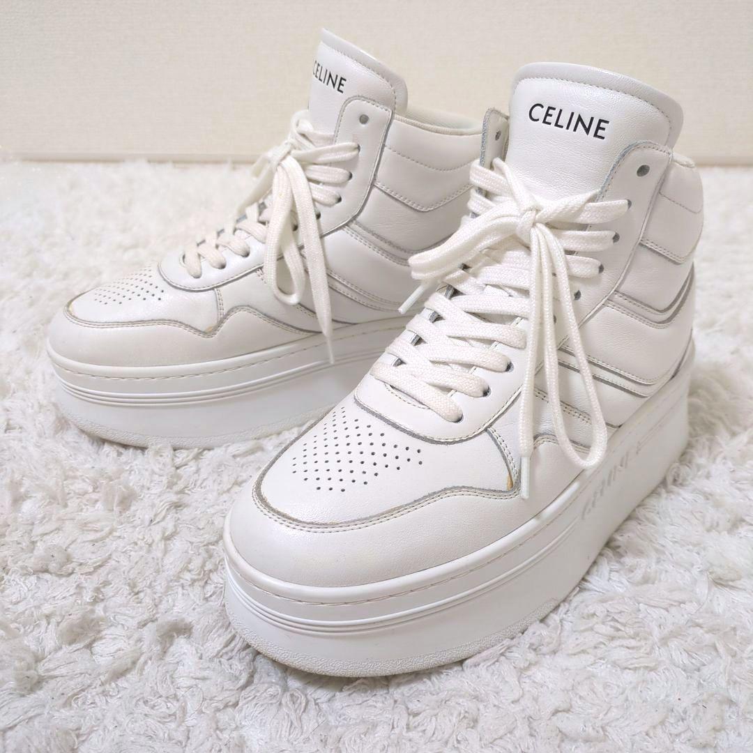 CELINE ブロックスニーカー ハイカット 厚底 ホワイト ロゴ
