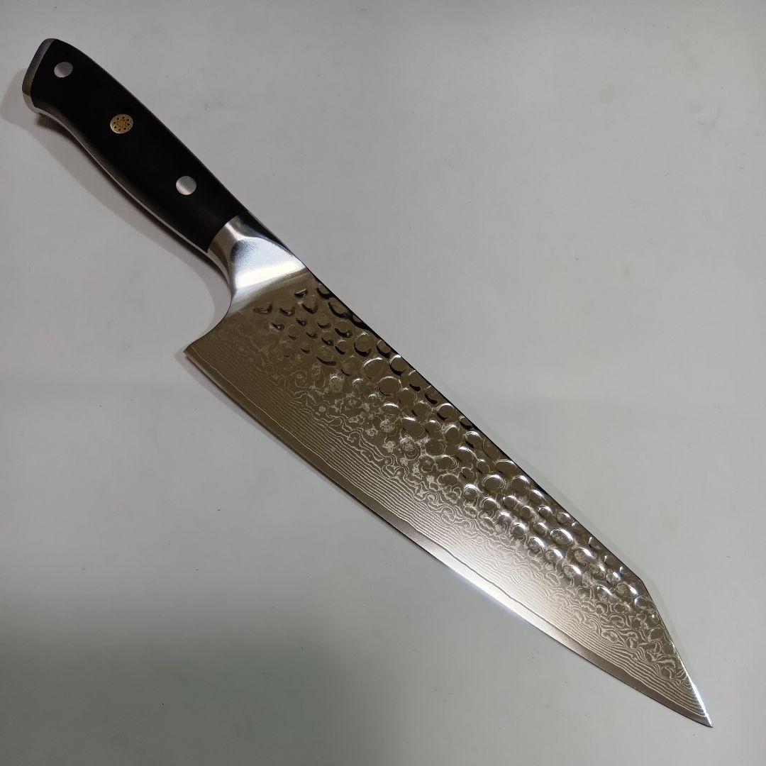 新品 V金10号 切付け牛刀 包丁 鏡面 ダマスカス67層 包丁カバー付き V金10号 切付型 槌目 牛刀 高炭素 ダマスカス67層 鏡面 包丁
