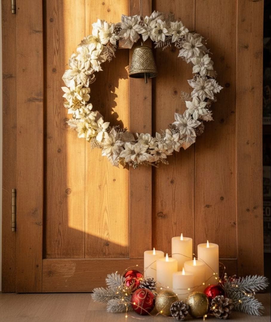 超特大65㎝ ホワイトクリスマスリース ホワイトポインセチア ベル付き 一点物 超特大65㎝ ホワイトクリスマスリース ホワイトポインセチア ベル付き 一点物