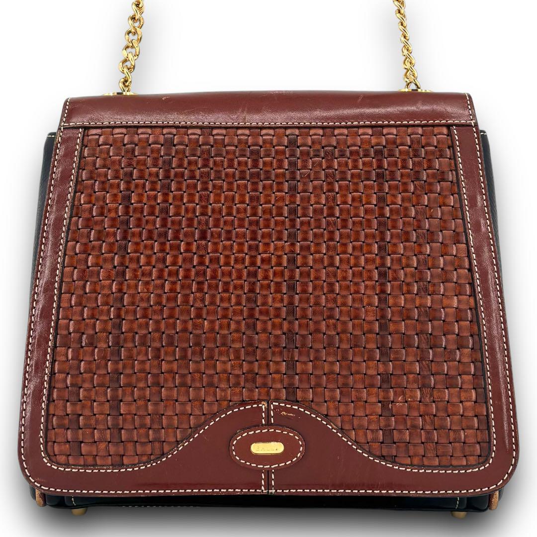 BALLY オールドバリー レザー 編み込み ゴールドチェーン ショルダーバッグ