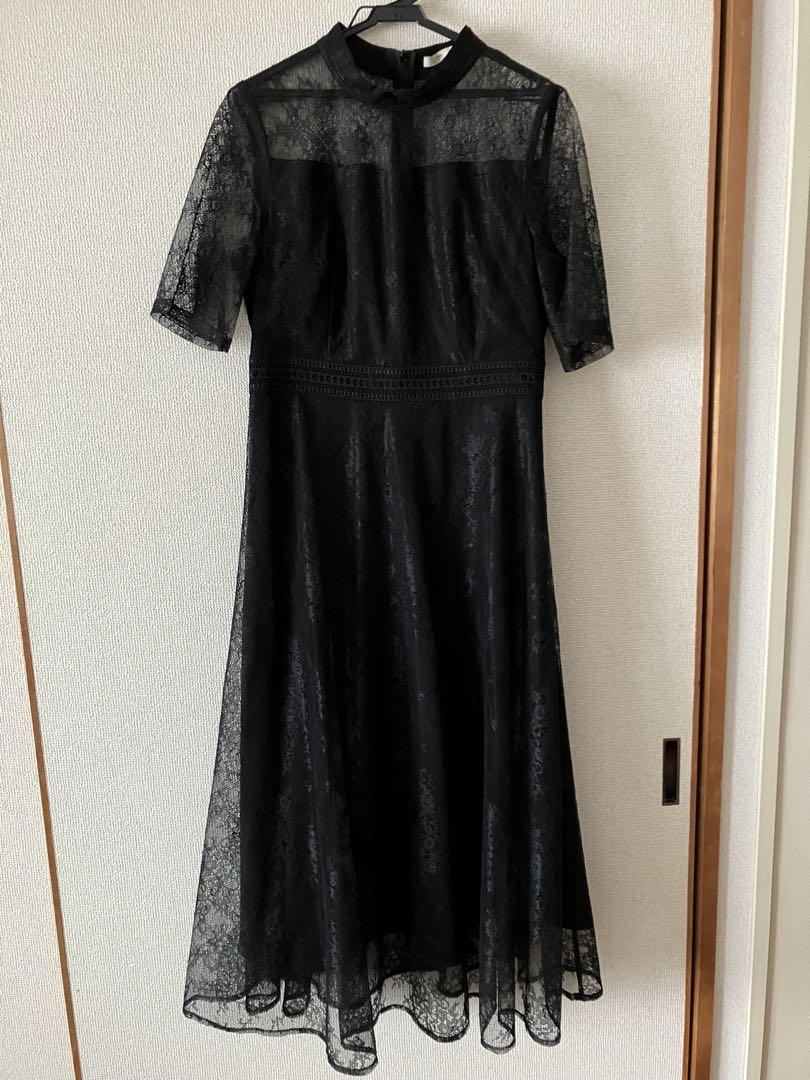 黒 レース フレアスカート 半袖 ハイネック ドレス