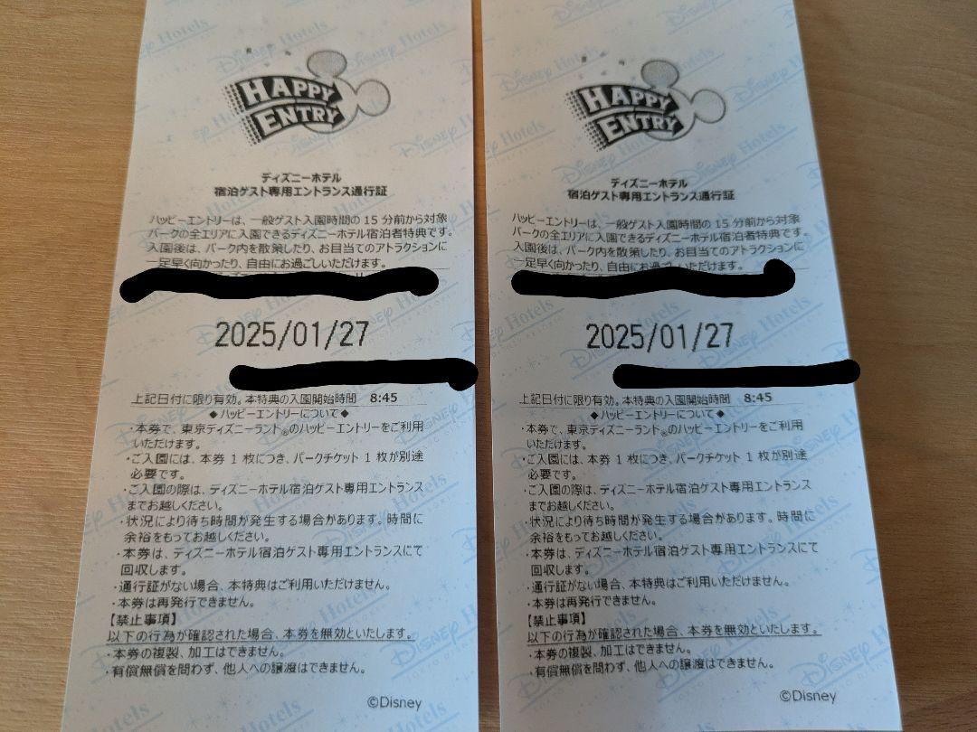 ディズニーランド ハッピーエントリー券2枚　1/27(月)