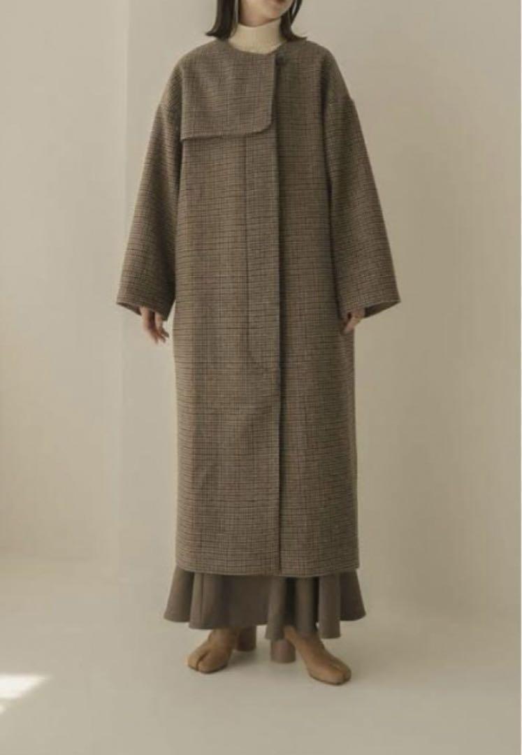 Eaphi】 no collar wool check coat