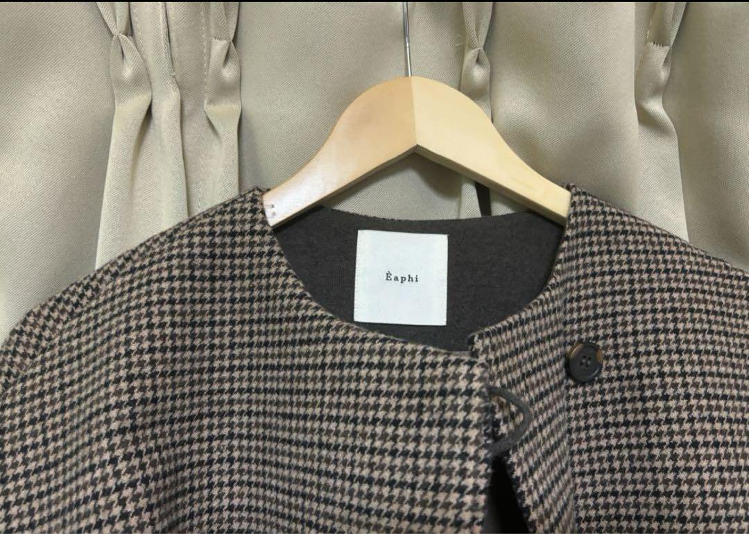 Eaphi】 no collar wool check coat