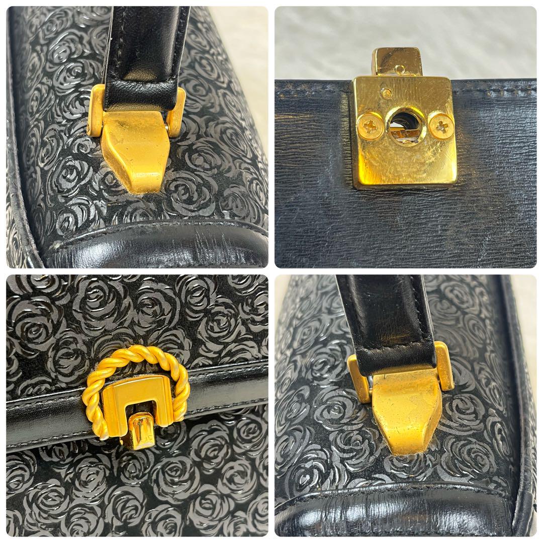 【良品】印傳屋 ハンドバッグ フォーマル 薔薇柄 バラ柄 黒 金金具