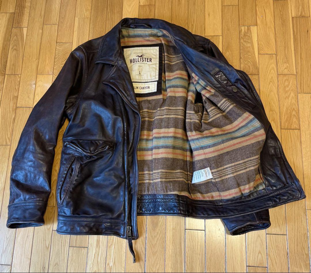 Hollister ダブルライダースジャケット ダークブラウン ラムレザー ライダース ジャケット メンズ ダブル シワ加工
