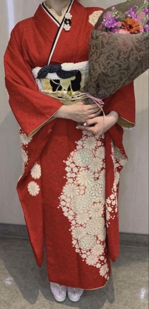 正絹　絞り　振袖　フルセット　赤色