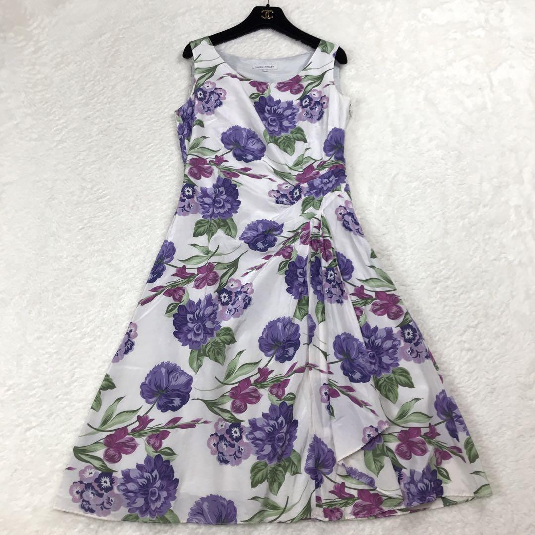 【美品・シルク】ローラアシュレイロングワンピース 花柄 ギャザー大きいサイズL