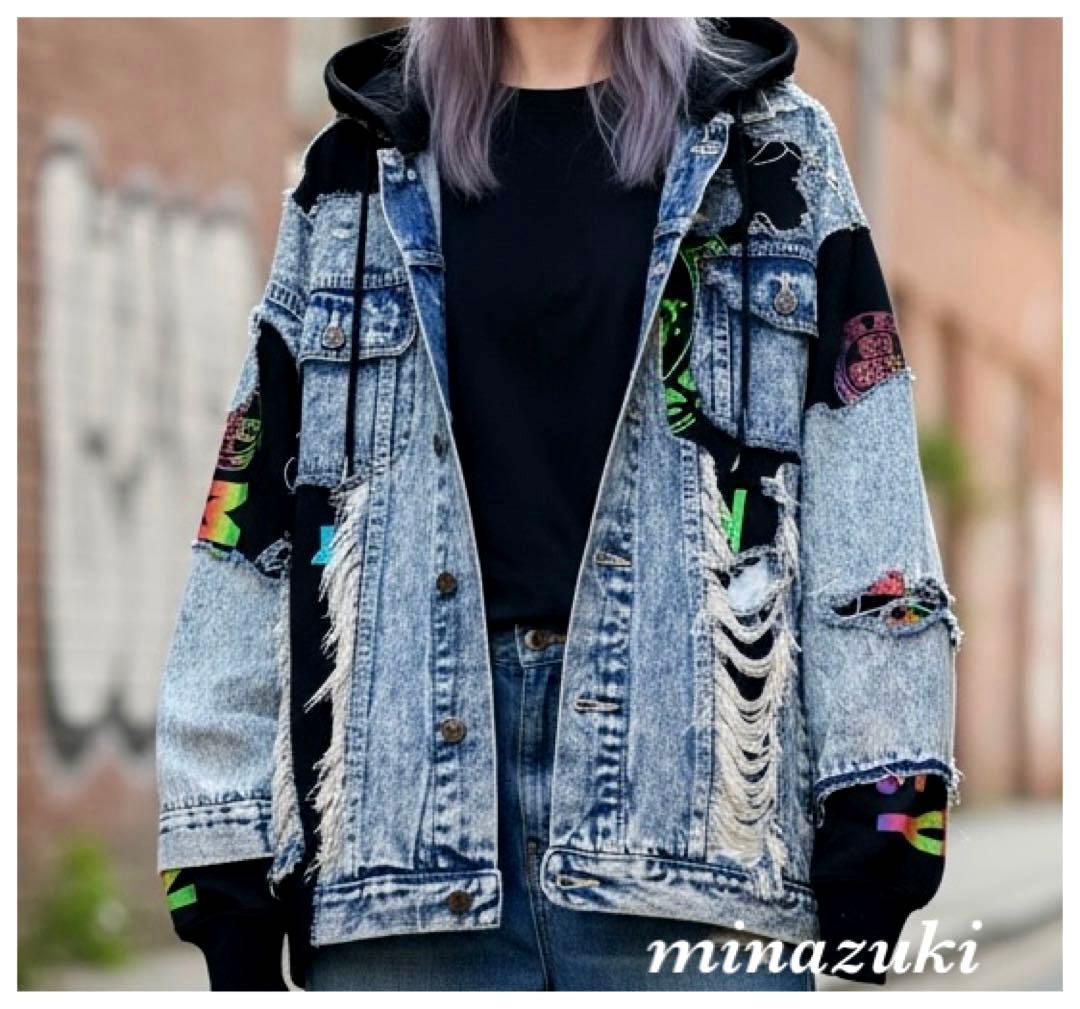 リメイク☆デニムパッチワークＸパーカー ☆ジャケット☆不規則パズル柄☆￼ブラック