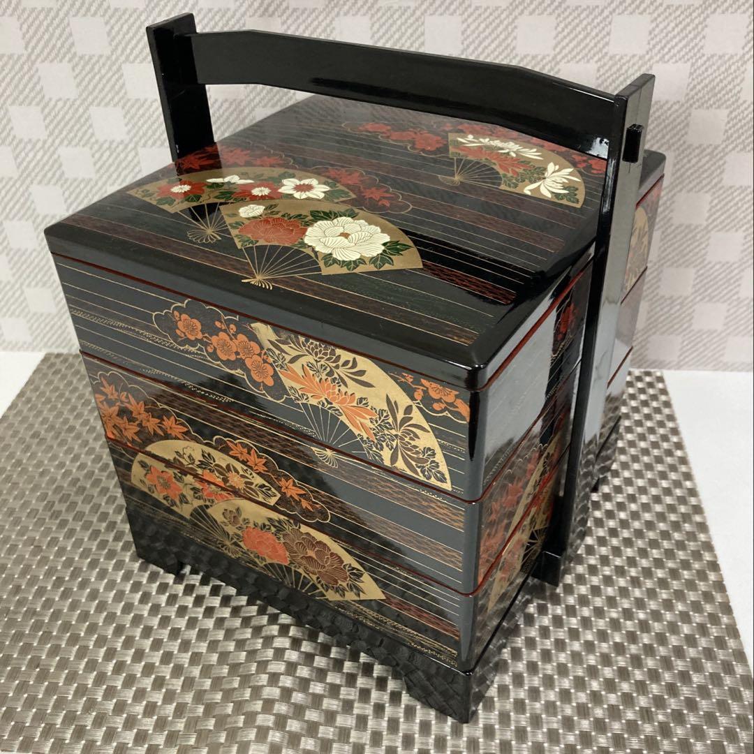 【新品未使用】持手付　三段重箱　扇柄　昭和レトロ