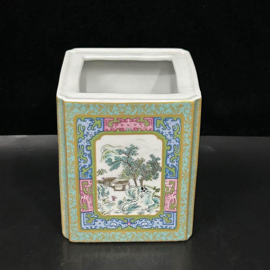 琺瑯彩山水四方筆筒 筆置 筆入 書道具 文房具 陶磁器 現代工芸品 美術品