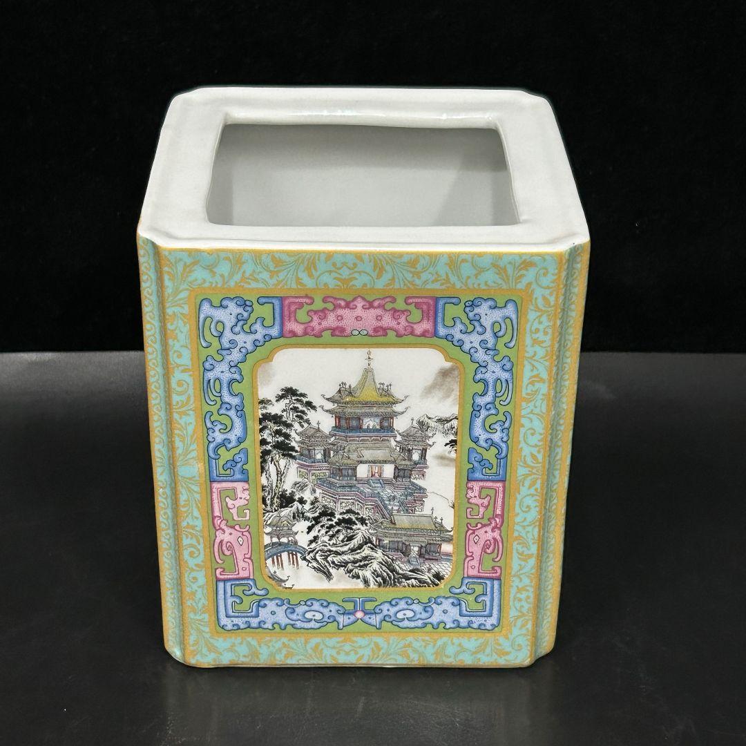 琺瑯彩山水四方筆筒 筆置 筆入 書道具 文房具 陶磁器 現代工芸品 美術品