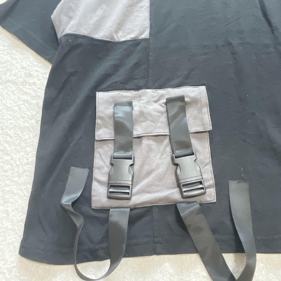 Belchic 半袖トップス ポケット デザインTシャツ 黒 ベルト ポケット