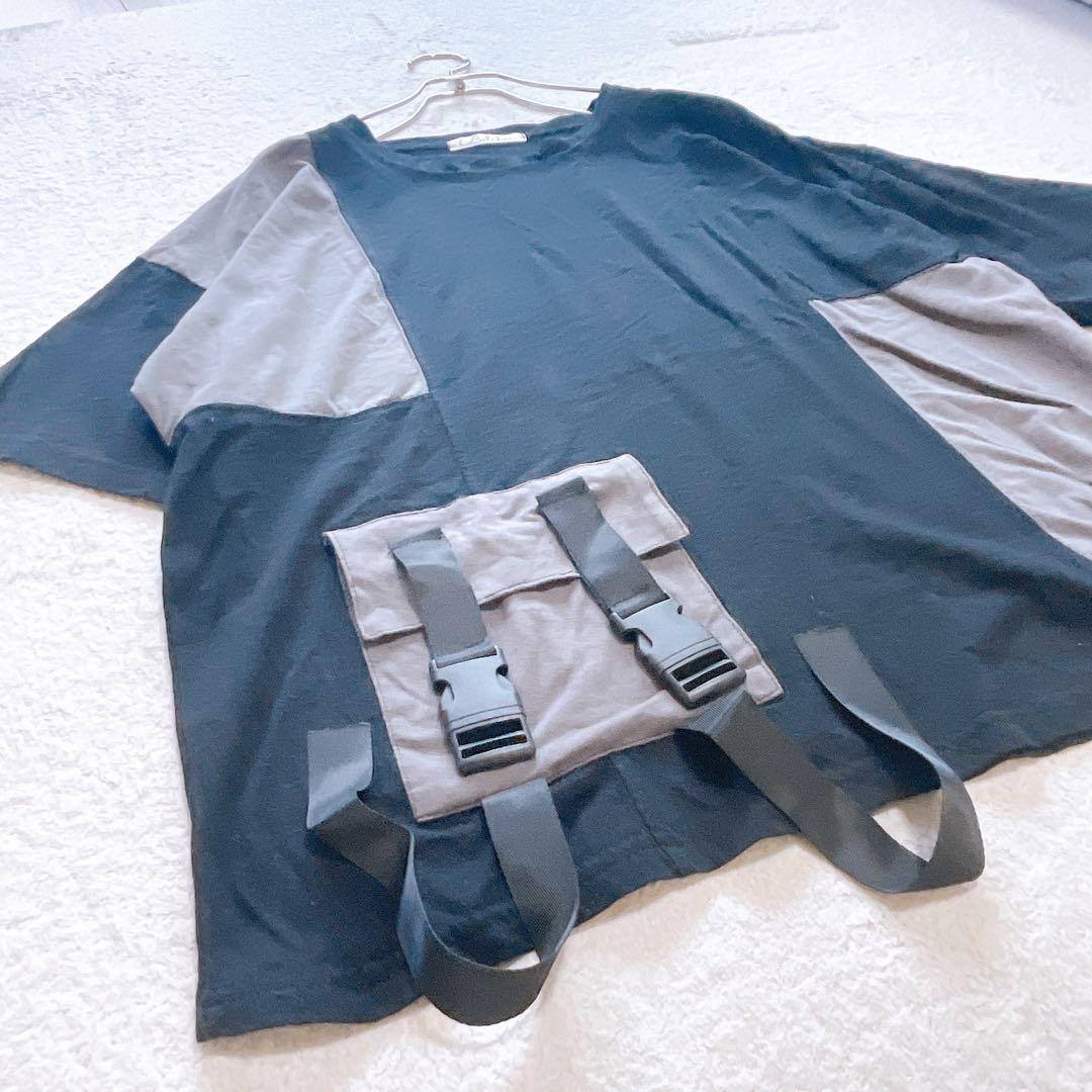 Belchic 半袖トップス ポケット デザインTシャツ 黒 ベルト ポケット