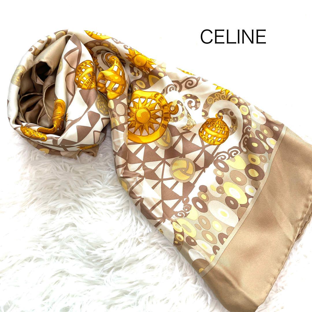 CELINE セリーヌ 大判シルクスカーフ ブラック×ピンクベージュ