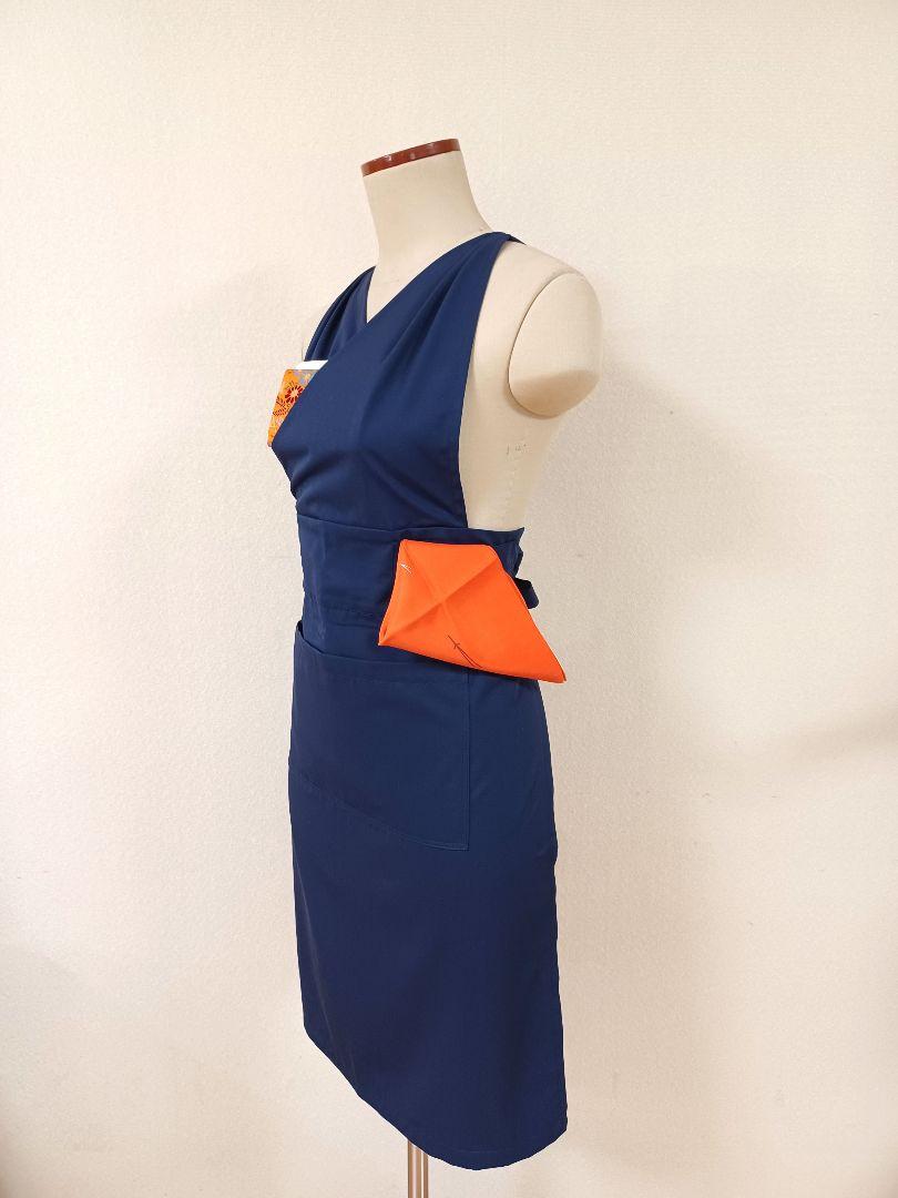 茶道　稽古着エプロン　ネイビー 茶道お稽古着 お稽古用エプロン ネイビー ポーチ付き お着物にも