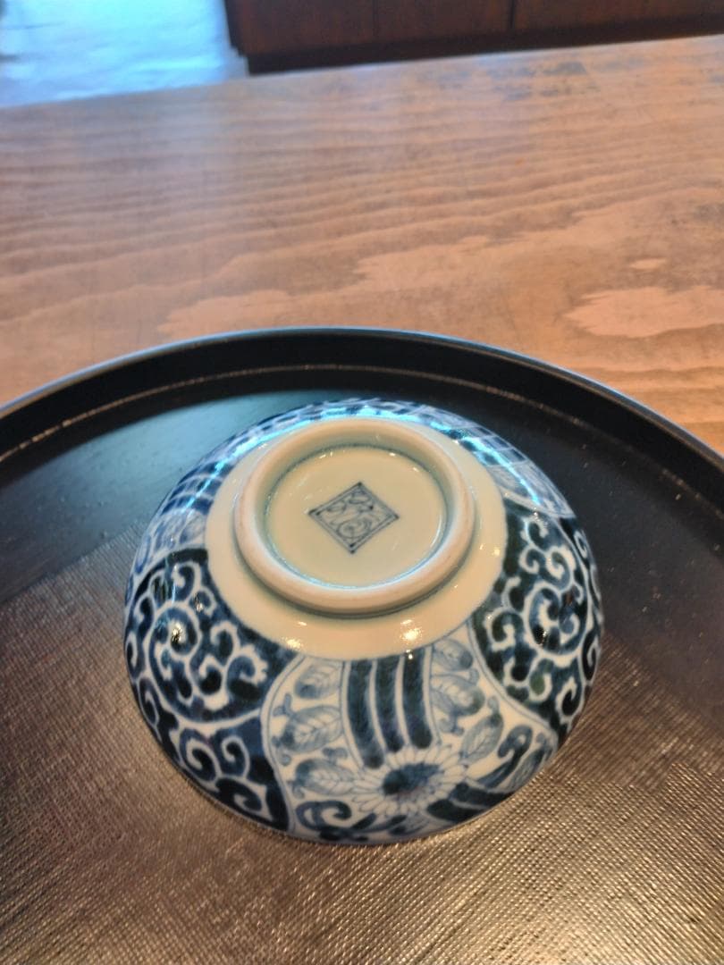 福泉窯染付地紋球型蓋物