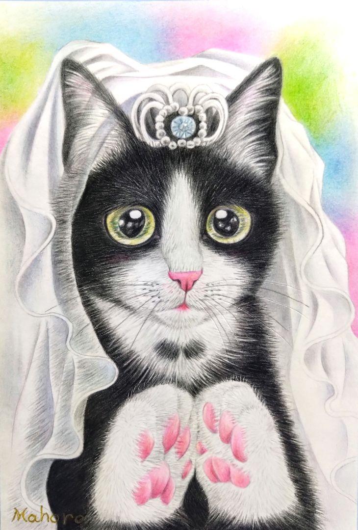 新郎新婦 」 ハチワレ 猫イラスト 色鉛筆画 - メルカリ