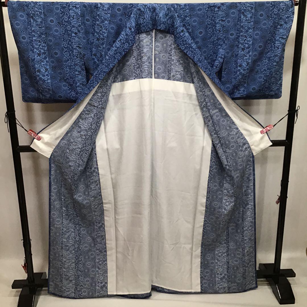 【1333】紺 縦縞小紋 単衣 画像4