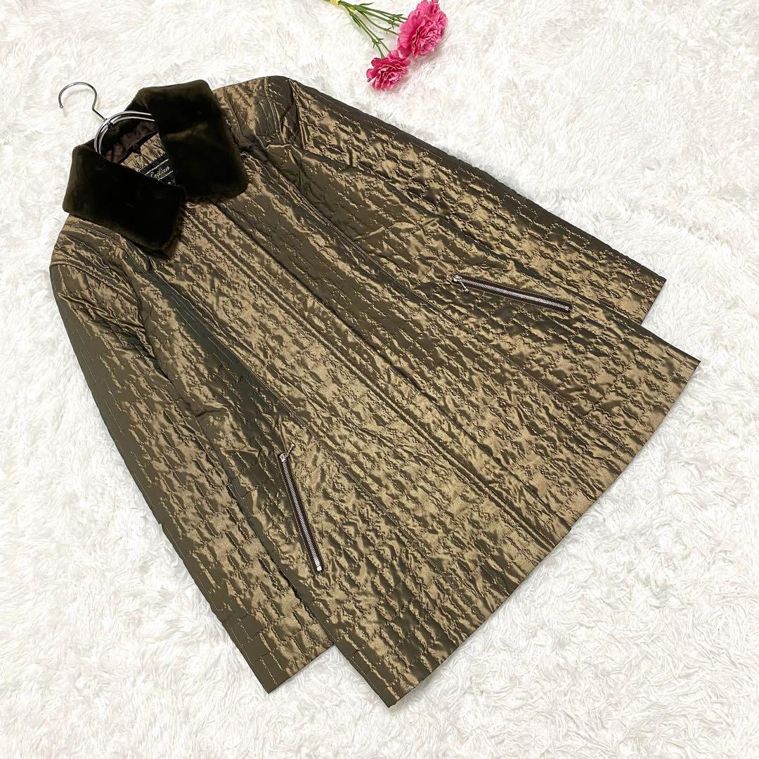 Leilian(9)ミドル丈キルトジャケット 光沢 ボア キュプラ ゴールド