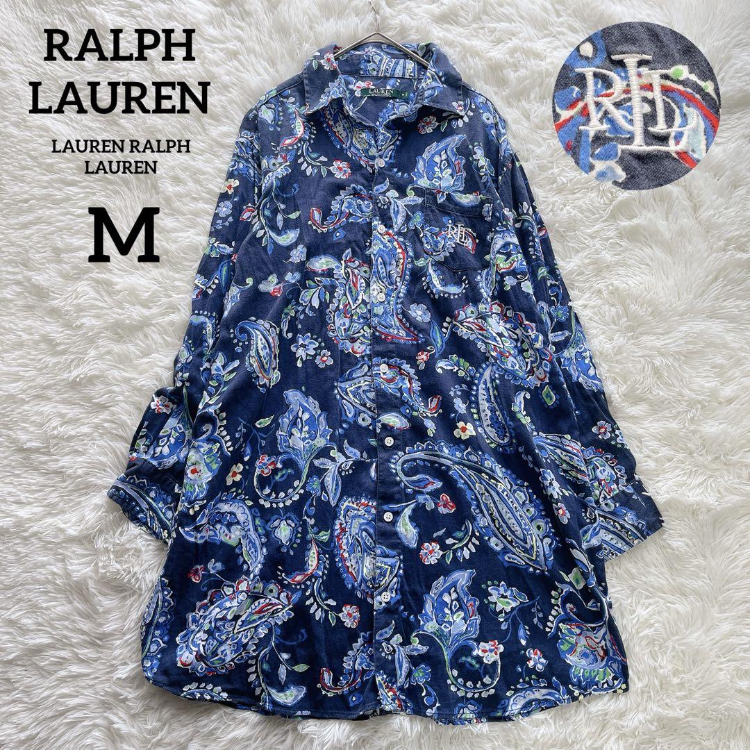 【美品】ローレンラルフローレン シャツワンピース 花柄 ロゴ刺繍 コットン M