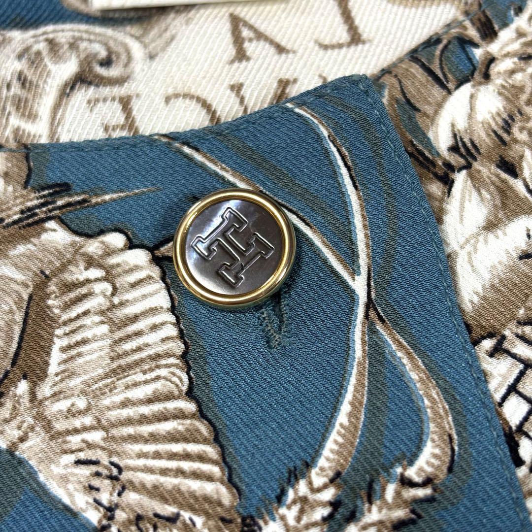 HERMES シルクシャツ スカーフ柄 Hボタン ノーカラー ブラウス