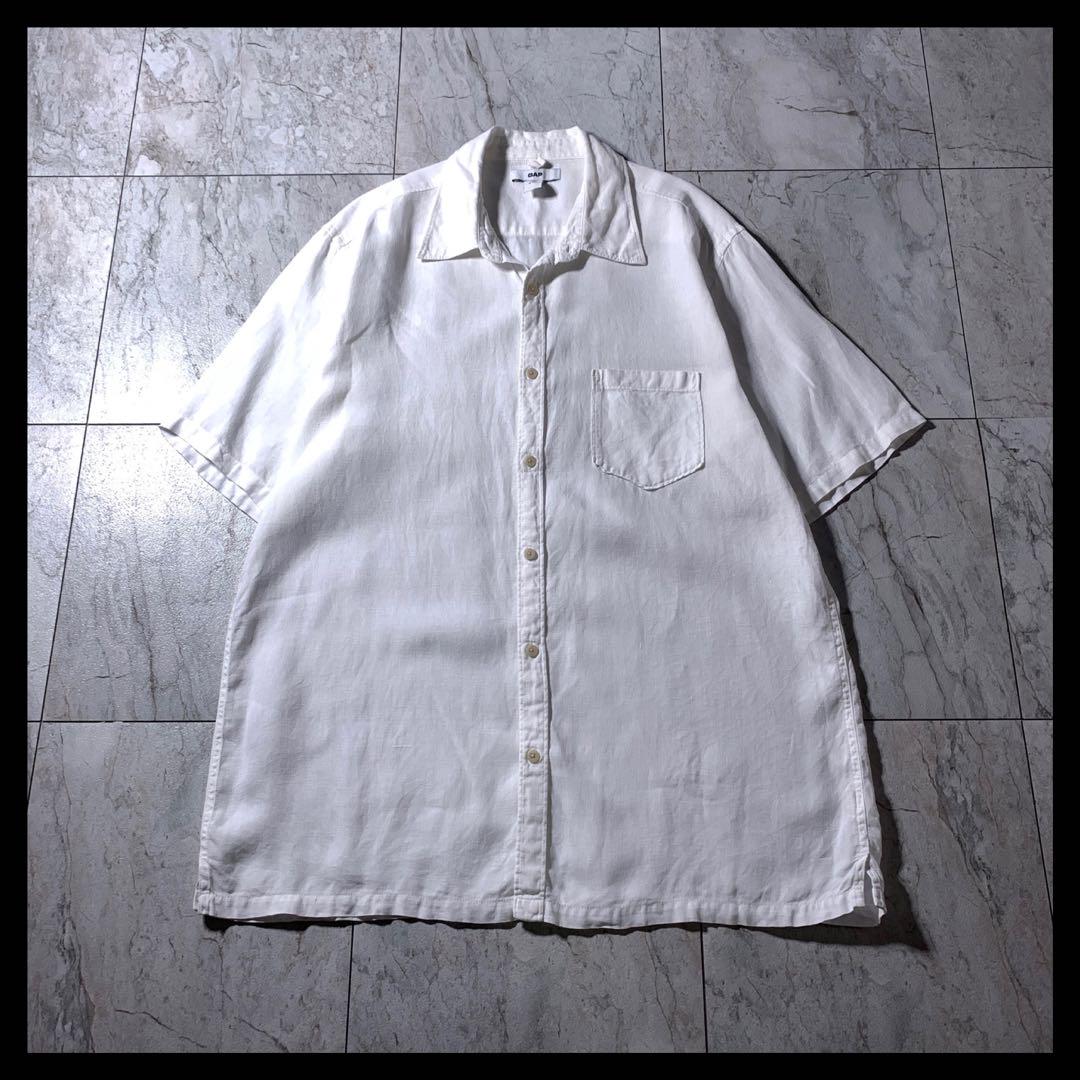 00s OLD GAP レギュラーカラー ボックス リネンシャツ 半袖 白 無地