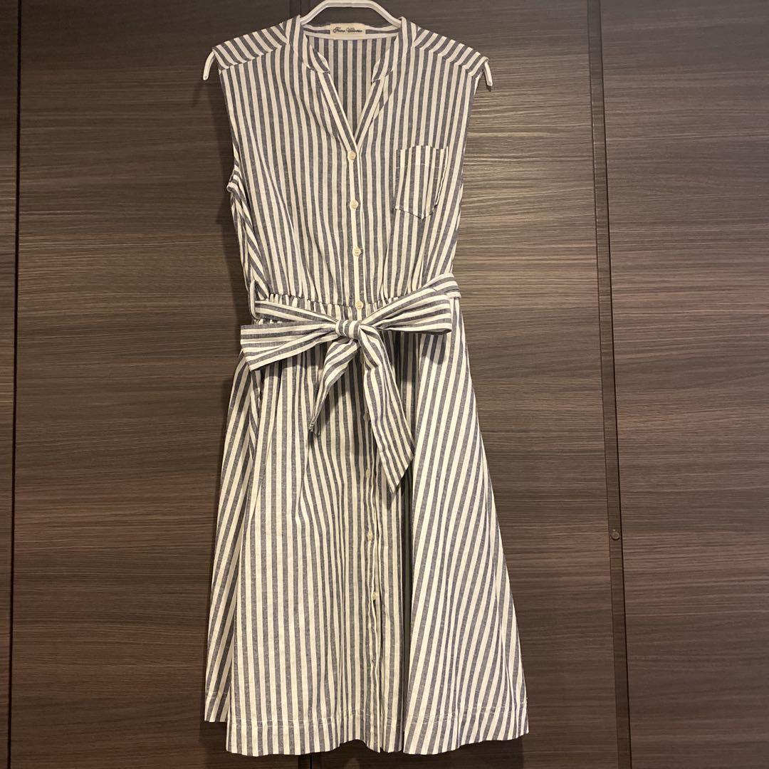 新品　ナノユニバース　麻　ストライプ ノースリーブ シャツワンピース