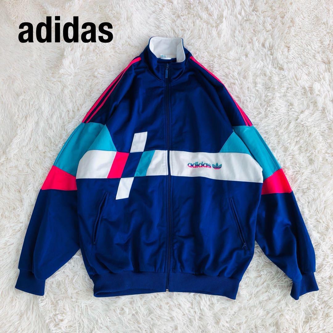 Adidasアディダストラックジャケット青水色白ピンク万国旗タグ古着Sジャージ