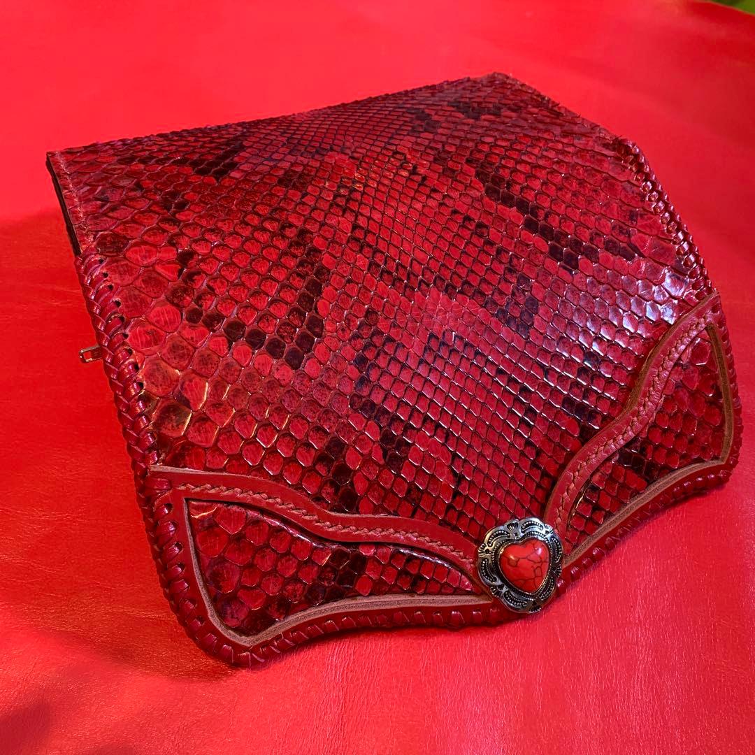 ハンドメイドHeartbeatモラレスパイソン長財布牛革赤色長財布牛レース編赤色 ハンドメイドレザークラフトハートビートレッドモラレスパイソン