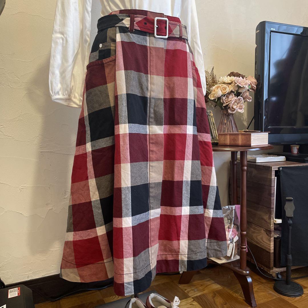 赤チェック＊ロングスカート＊38＊ブルーレーベルクレストブリッジ