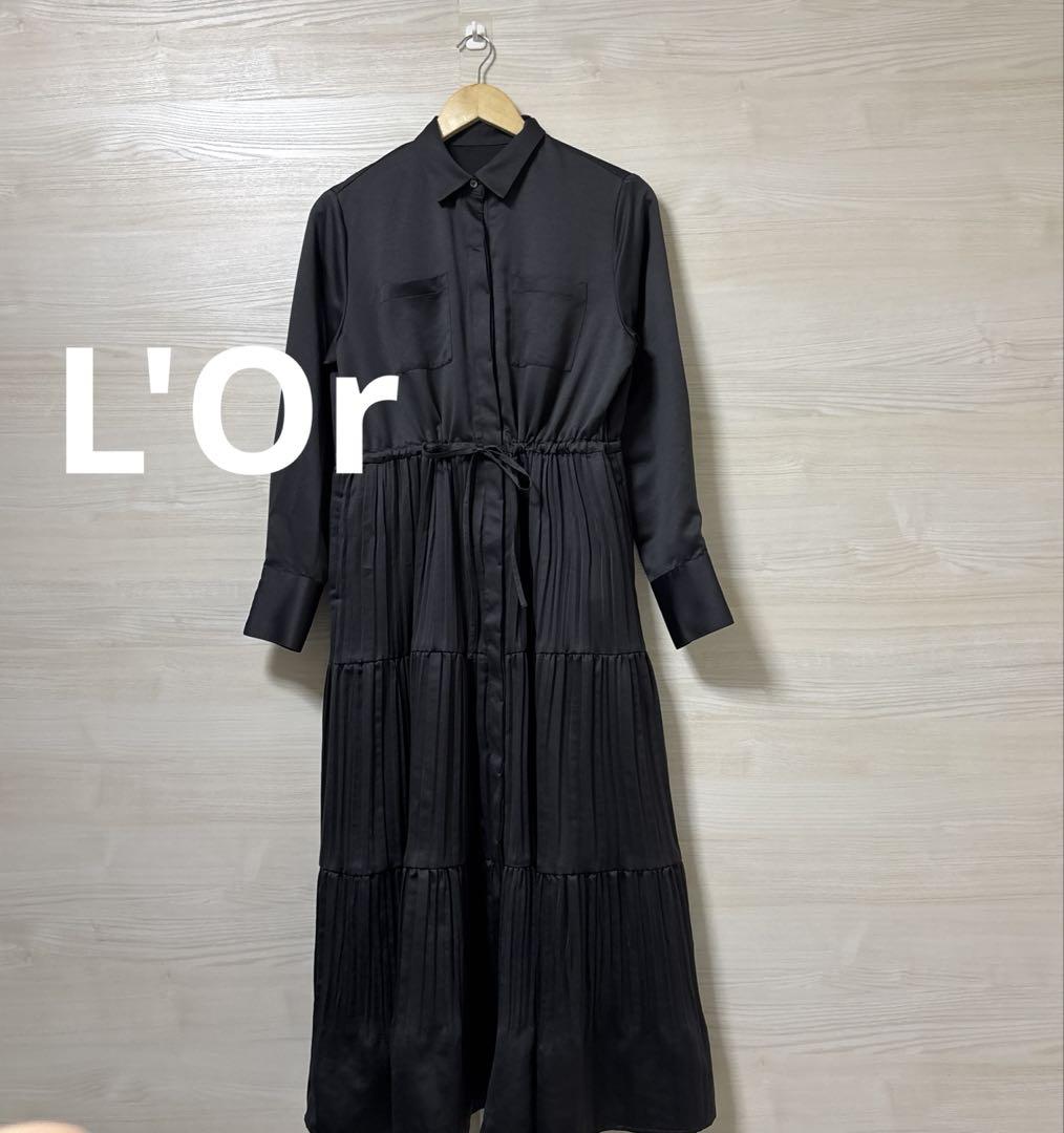 L'Or★光沢 シャツワンピース Pleats Shirt Dress グレー