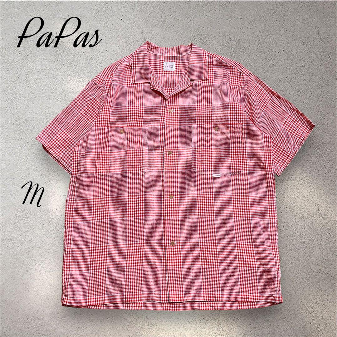 PaPas パパス　リネンオープンカラーチェックシャツ　開襟シャツ　M 赤