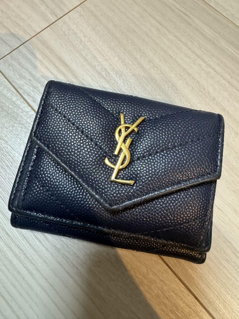 【美品】SAINT LAURENT 三つ折り財布　 ミニ レザー ネイビー YSL サンローラン 三つ折り財布 ネイビー レザー