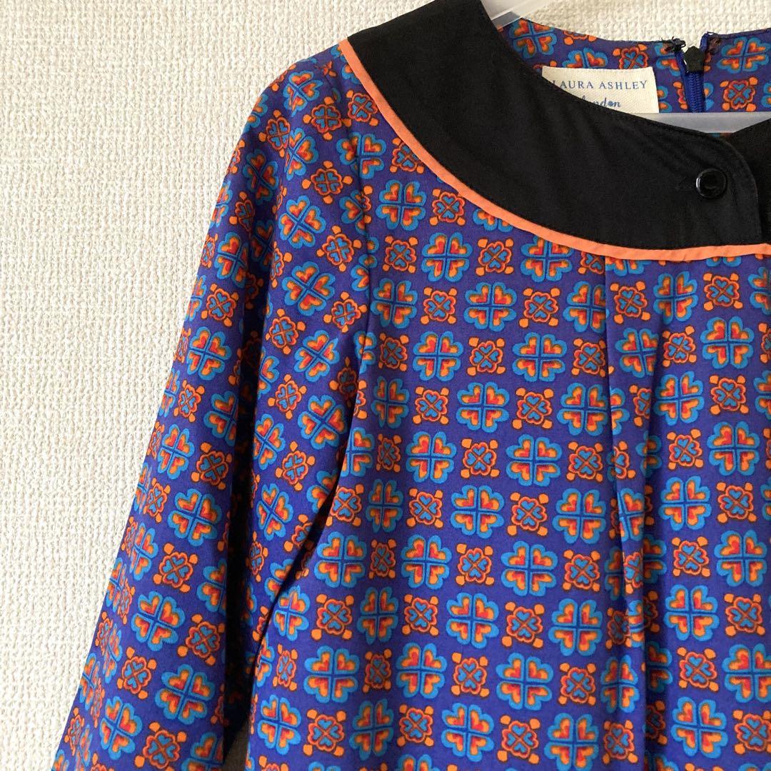 LAURA ASHLEY 総柄　ワンピース 7分袖 ひざ丈 クローバー　S