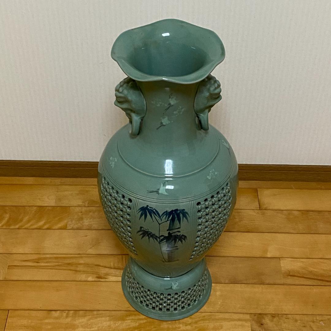 海律 高麗青磁 網目 花瓶 台座付 花器 和柄 鶴絵 華道 花道 お花 生け花 海律 高麗青磁 網目 花瓶 台座付 花器 和柄 鶴絵 華道 花道 お花