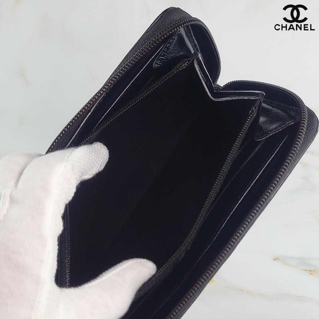 001 CHANEL　シャネル　カメリア　ラウンドファスナー　長財布　ラムスキン