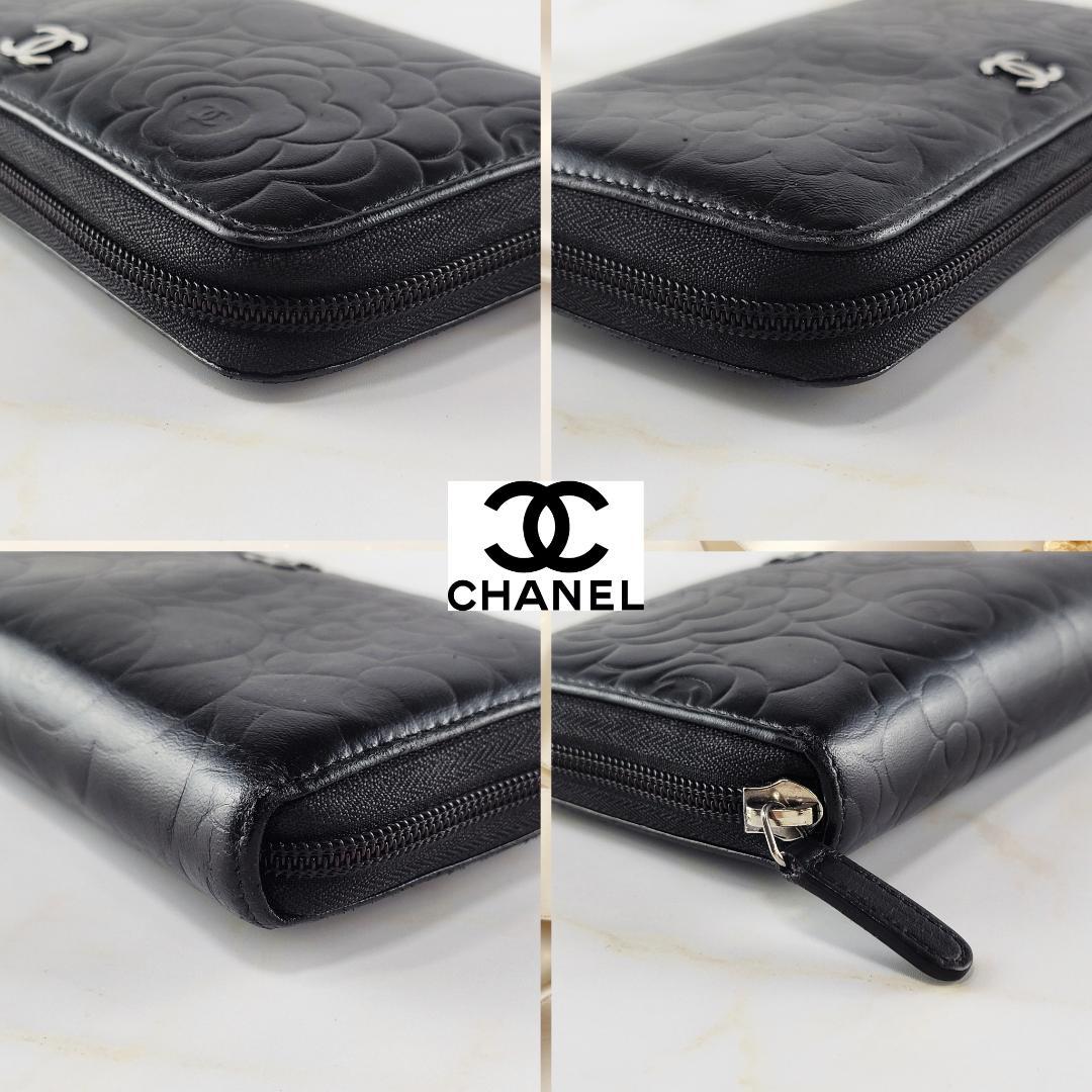 001 CHANEL　シャネル　カメリア　ラウンドファスナー　長財布　ラムスキン